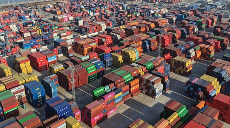 Aerial view of a container terminal in Nanjing in eastern China's Jiangsu province, Wednesday, Jan. 14, 2026. (Chinatopix Via AP)