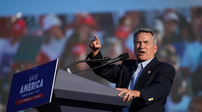 Congressman Jody Hice, R-Ga., speaks during a rally featuring former President Donald Trump in Perry, Georgia, on Sept. 25, 2021. (Sean Rayford/Getty Images/TNS)
