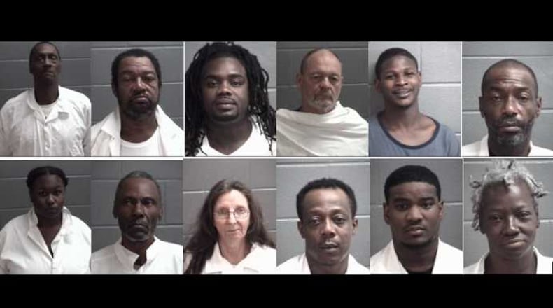 Top row, left to right: Curtis Slater, Darren Dukes, Dontrell Mangham, James Woods, Lonnie Watts Jr. and Kelsey Walker. Bottom row: Jasha Clark, Zachary Edwards, Mary Landers, Quincy Collier, Randall Hunt and Vivian Riggins. A mugshot was not available for Earlie Walker.