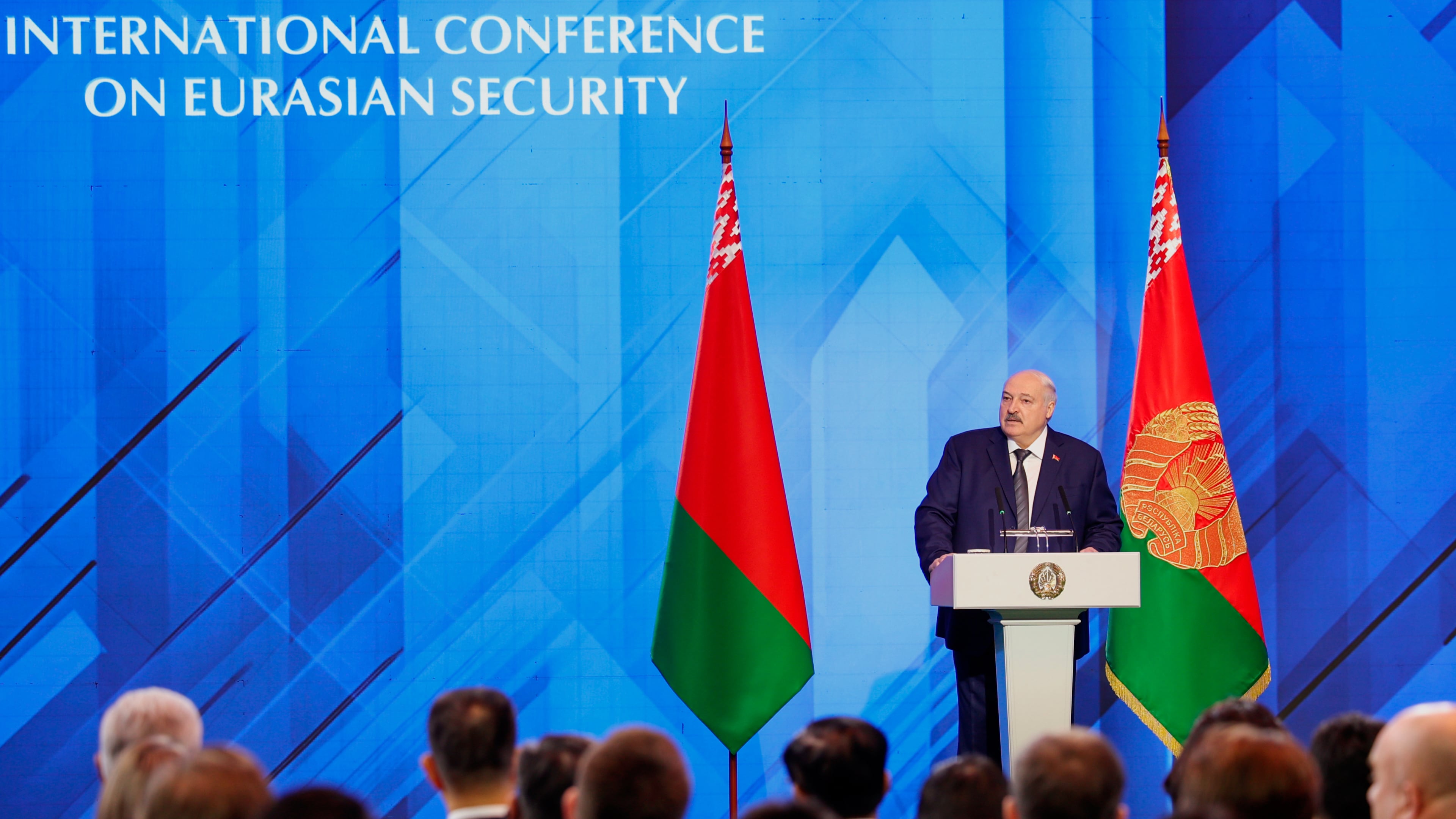 In this photo provided by Belarusian Presidential Press Service, Belarusian President Alexander Lukashenko addresses the Minsk International Conference on Eurasian Security in Minsk, Belarus, Tuesday, Oct. 28, 2025. (Belarusian Presidential Press Service via AP)