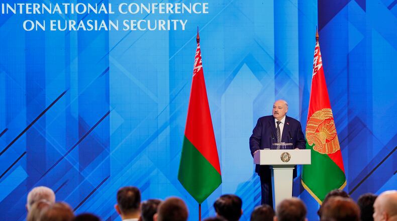 In this photo provided by Belarusian Presidential Press Service, Belarusian President Alexander Lukashenko addresses the Minsk International Conference on Eurasian Security in Minsk, Belarus, Tuesday, Oct. 28, 2025. (Belarusian Presidential Press Service via AP)