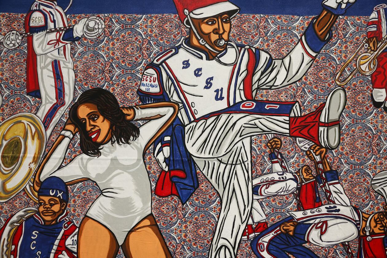 A close-up view of a piece in artist Keith Duncan’s exhibit “Battle of the Bands,” inspired by HBCU band culture, at the College Football Hall of Fame in Atlanta on Sept. 11, 2026. (Arvin Temkar/AJC)