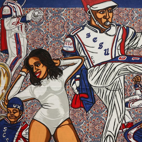A close-up view of a piece in artist Keith Duncan’s exhibit “Battle of the Bands,” inspired by HBCU band culture, at the College Football Hall of Fame in Atlanta on Sept. 11, 2026. (Arvin Temkar/AJC)