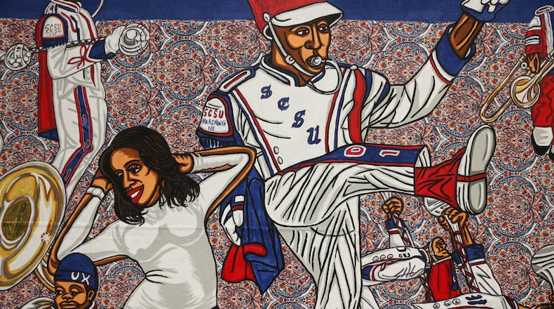 A close-up view of a piece in artist Keith Duncan’s exhibit “Battle of the Bands,” inspired by HBCU band culture, at the College Football Hall of Fame in Atlanta on Sept. 11, 2026. (Arvin Temkar/AJC)