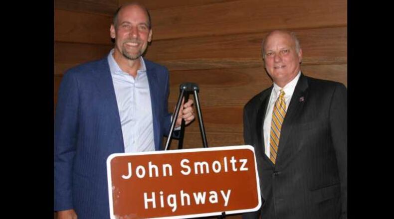 John Smoltz with State Senator Brandon Beach. A stretch of Old Milton Parkway between Highway 9 and GA 400 will renamed for the Hall of Fame Braves' pitcher.