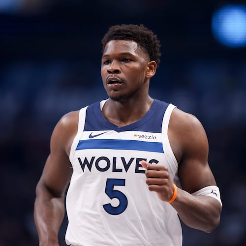 Minnesota Timberwolves guard Anthony Edwards runs the court before an NBA basketball game against the Dallas Mavericks, Monday, March 30, 2026, in Dallas. (AP Photo/Gareth Patterson)
