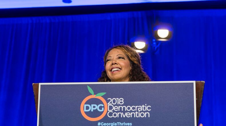 Sixth District Congressional candidate Lucy McBath speaks during the Georgia Democratic Convention in Atlanta on Aug. 25, 2018. (ALYSSA POINTER/ALYSSA.POINTER@AJC.COM)