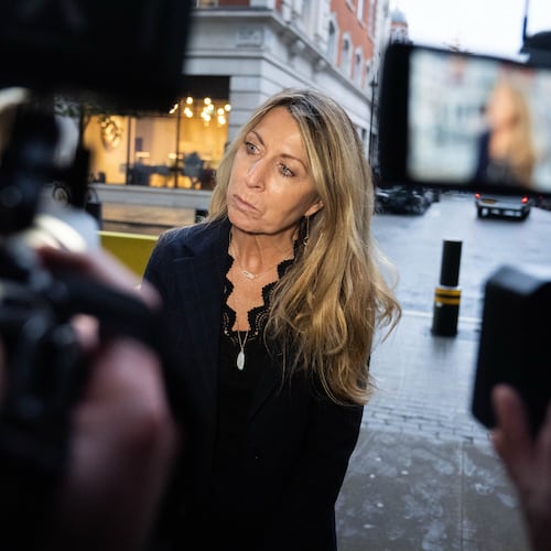 Outgoing chief executive of BBC News, Deborah Turness, speaks to the media outside BBC Broadcasting House in London, Monday Nov. 10, 2025. (James Manning/PA via AP)