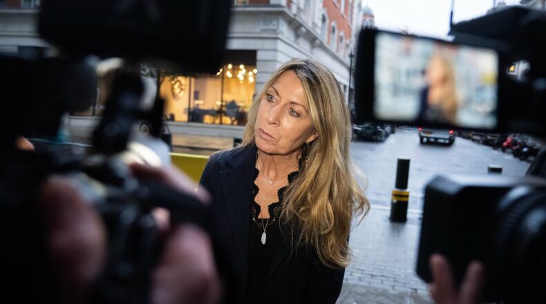 Outgoing chief executive of BBC News, Deborah Turness, speaks to the media outside BBC Broadcasting House in London, Monday Nov. 10, 2025. (James Manning/PA via AP)