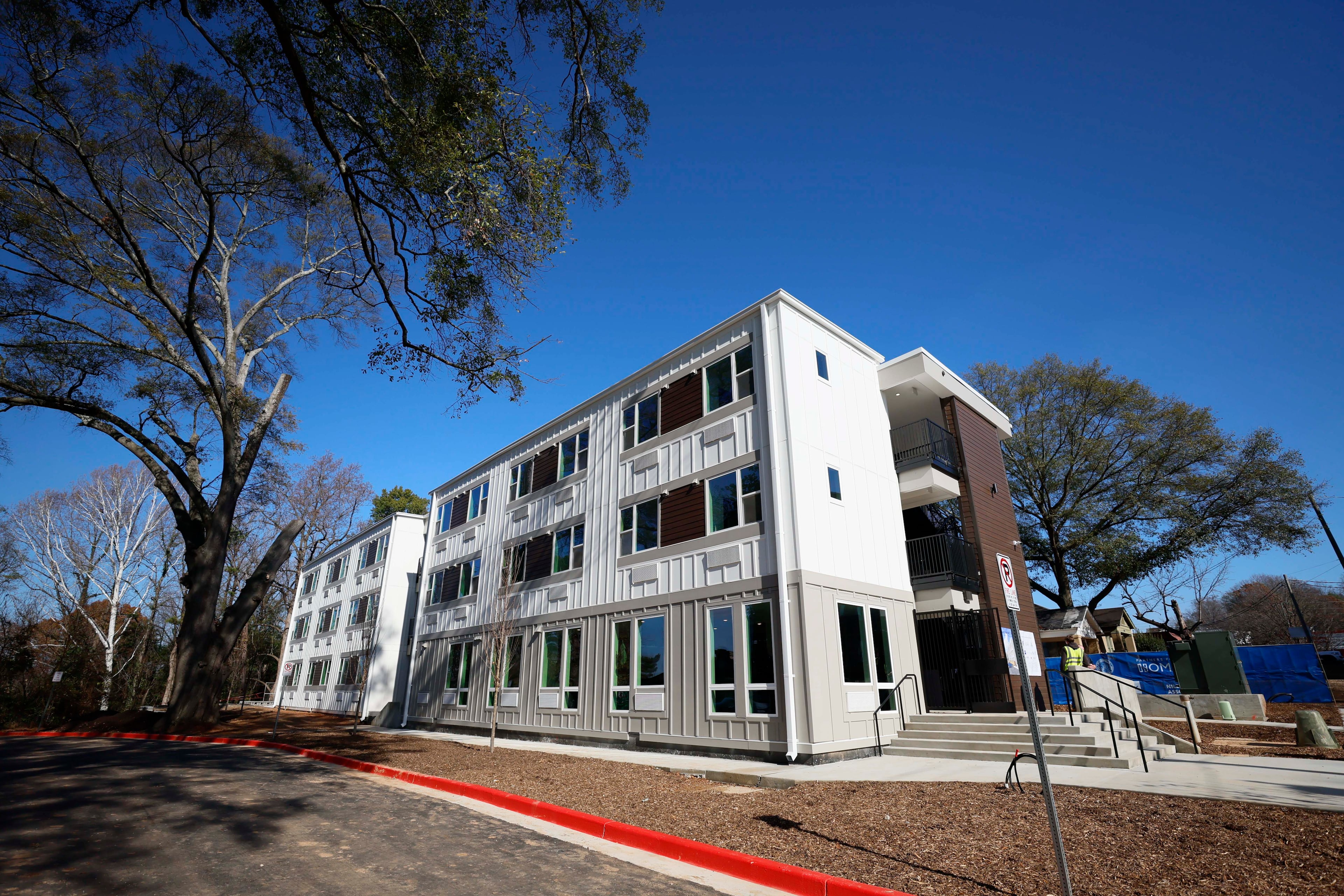 The 100 studio unit buildings at the Waterworks Village are part of the City’s Rapid Housing Initiative for homeless people.
(Miguel Martinez/AJC)