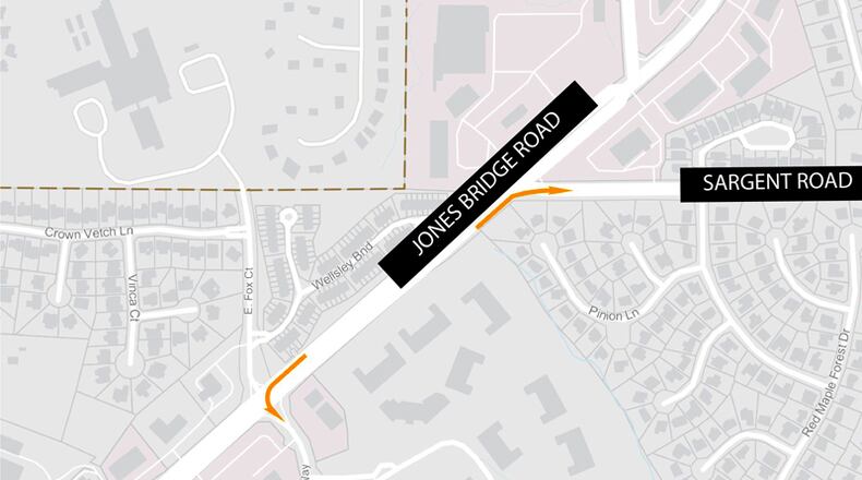 Crews will be lengthening turning lanes on Jones Bridge Road, at Addison Way and Sargent Road, Johns Creek announced.