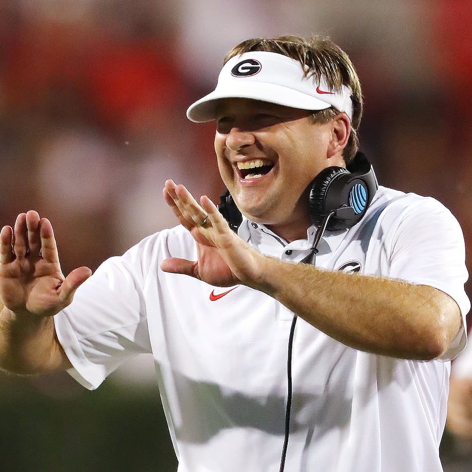 Georgia head coach Kirby Smart is all smiles during the second half of a 31-3 victory over Mississippi State. (Curtis Compton/AJC)