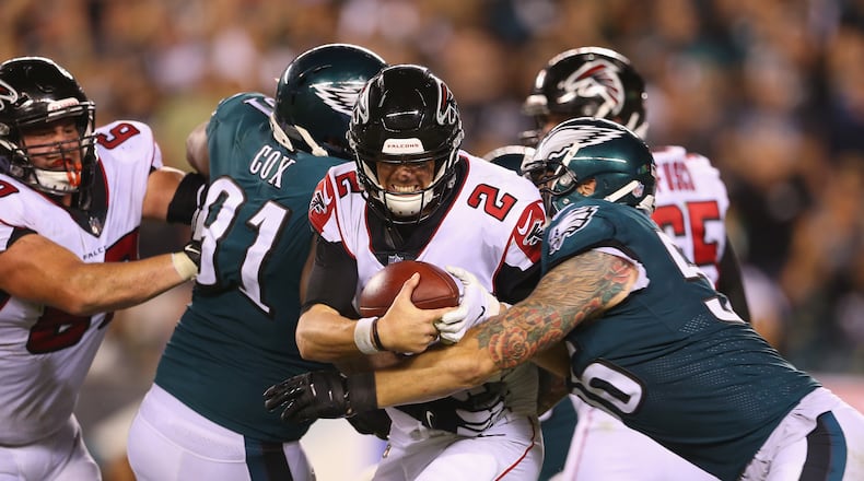 PHILADELPHIA, PA - SEPTEMBER 06: Matt Ryan #2 of the Atlanta Falcons is sacked by Chris Long #56 of the Philadelphia Eagles during the fourth quarter at Lincoln Financial Field on September 6, 2018 in Philadelphia, Pennsylvania. (Photo by Mitchell Leff/Getty Images)
