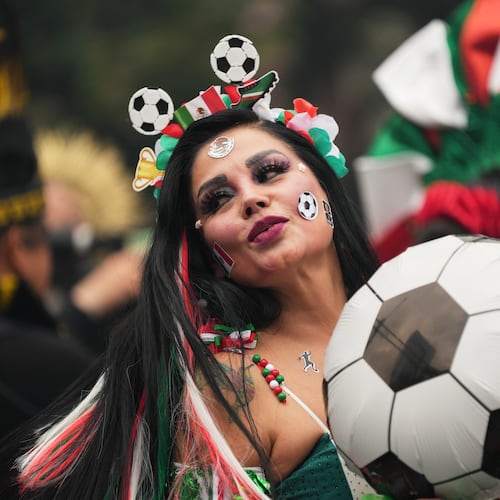 A dancer performs along Reforma Avenue in Mexico City, Saturday, June 6, 2026 ahead of the FIFA World Cup. (AP Photo/Moises Castillo)