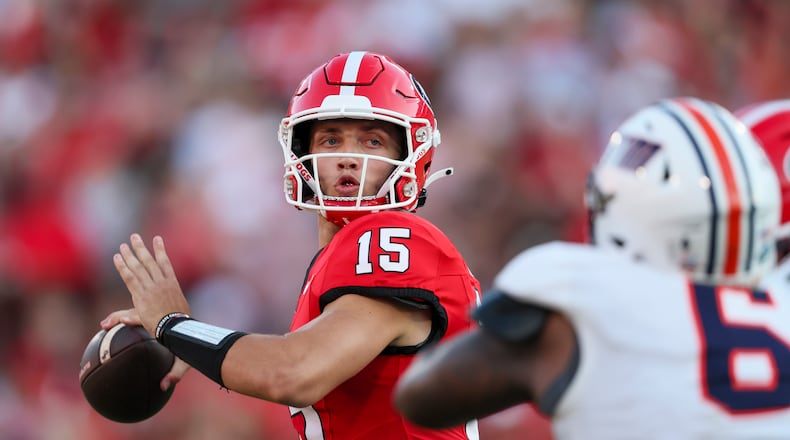Georgia quarterback Carson Beck (15) attempts a pass during the second quarter against UT Martin at Sanford Stadium on Saturday, Sept. 2, 2023, in Athens, Georgia. (Jason Getz/The Atlanta Journal-Constitution)