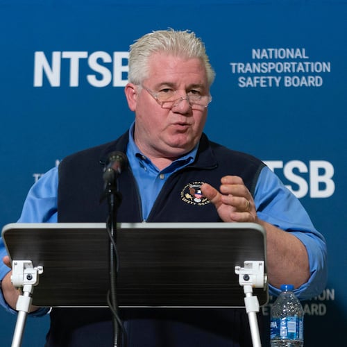 FILE - National Transportation Safety Board member Todd Inman speaks with reporters at Ronald Reagan Washington National Airport, Feb. 1, 2025, in Arlington, Va. (AP Photo/Jose Luis Magana, file)