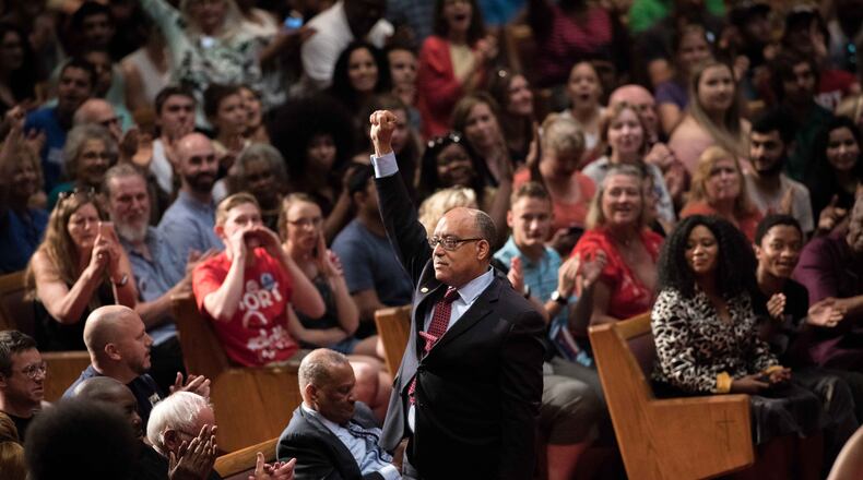 Atlanta mayoral candidate Vincent Fort gestures to supporters during a campaign rally at Saint Phillip AME Church, Saturday, Sept. 30, 2017. BRANDEN CAMP / SPECIAL