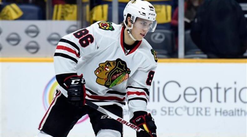 Chicago Blackhawks center Teuvo Teravainen, of Finland, warms up before an NHL hockey game against the Nashville Predators, Thursday, Dec. 10, 2015, in Nashville, Tenn. (AP Photo/Mark Zaleski)