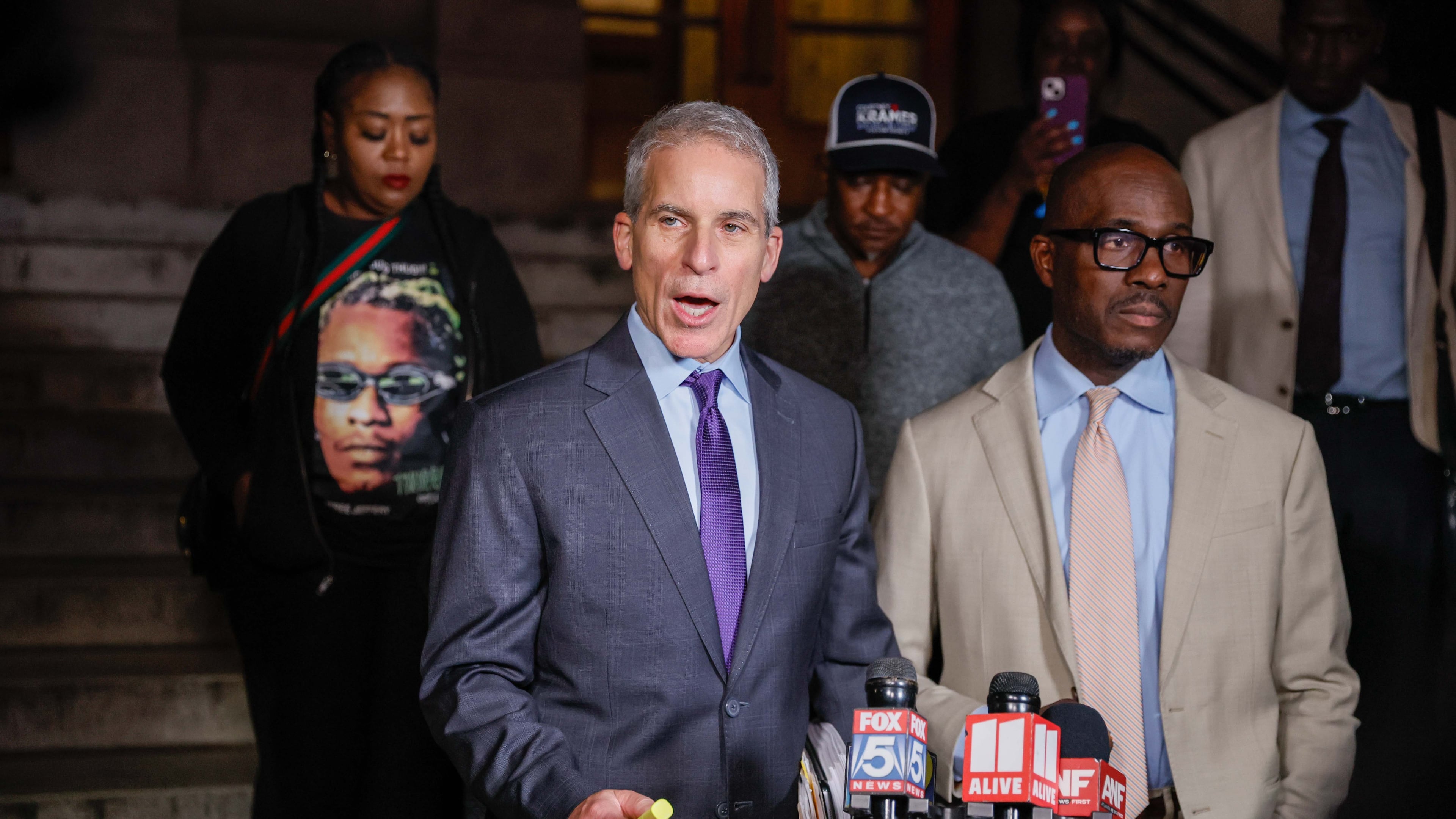 Lawyers representing Young Thug, Brian Steel (left) and Keith Adams, speak to press members outside the Fulton County Superior Court after a judge sentenced the Atlanta rapper to time served and 15 years of probation on Thursday, Oct. 31, 2024. (Miguel Martinez/AJC)