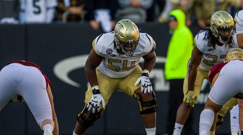 Georgia Tech offensive tackle Jordan Williams lines up for a snap in the Yellow Jackets' game against Boston College Nov. 13, 2021 at Bobby Dodd Stadium. (Danny Karnik/Georgia Tech Athletics)