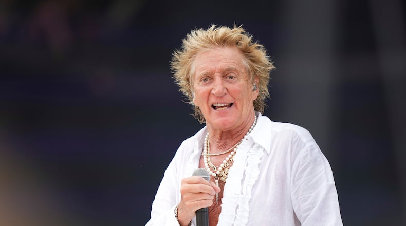 FILE - Rod Stewart performs during the Glastonbury Festival in Worthy Farm, Somerset, England, Sunday, June 29, 2025. (Scott A Garfitt/Invision/AP, File)