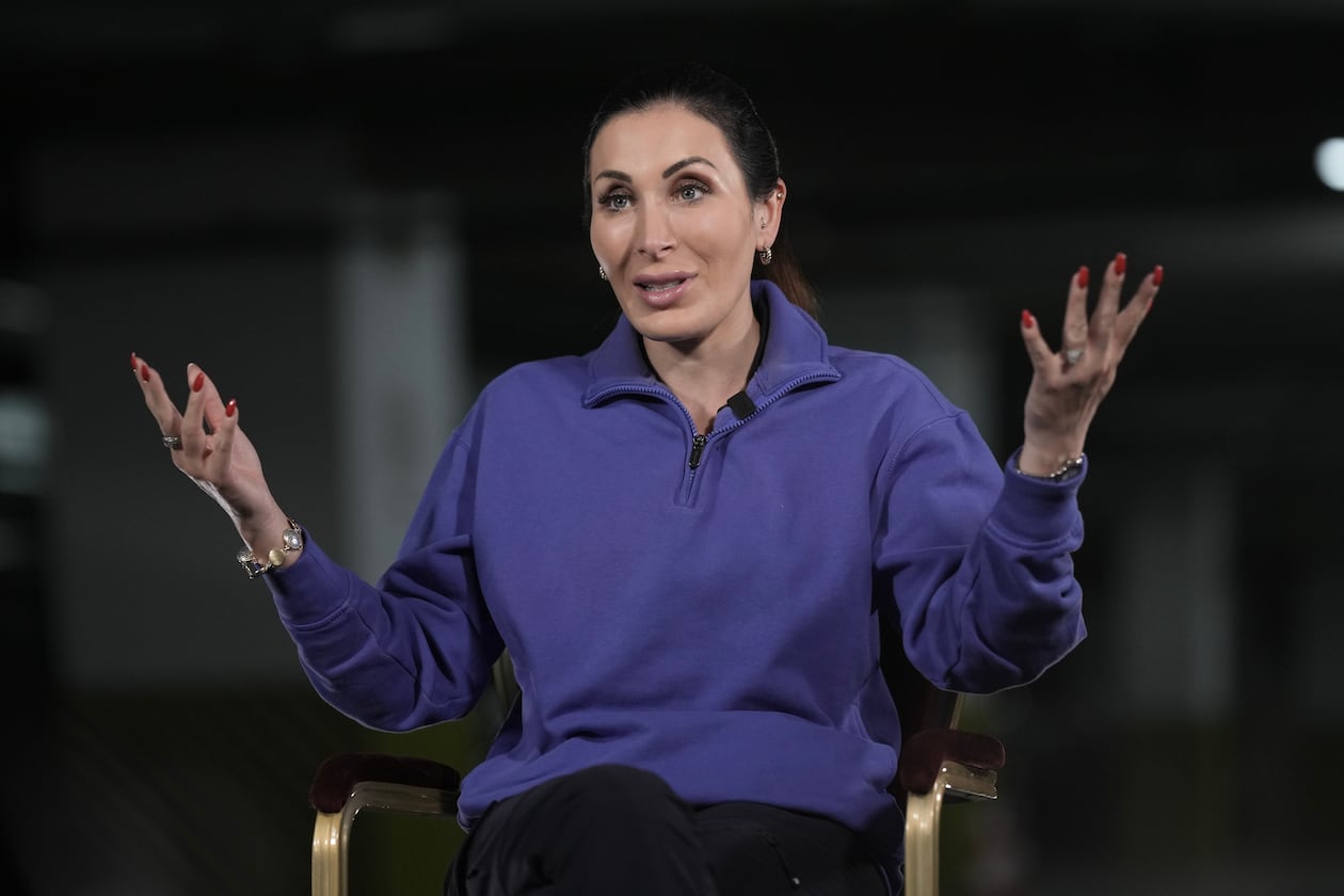 Laura Loomer speaks during her interview with The Associated Press, in Kyiv, Ukraine, Sunday, July 26, 2026. (AP Photo/Andrew Kravchenko)