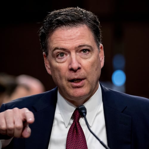 FILE - Former FBI Director James Comey speaks during a Senate Intelligence Committee hearing on Capitol Hill, in Washington, June 8, 2017. (AP Photo/Andrew Harnik, File)