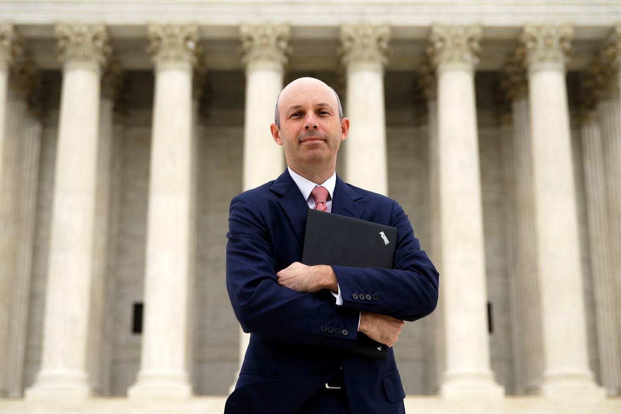 FILE - Tom Goldstein, who writes SCOTUSblog.com, poses for a photograph in front of the Supreme Court, Oct. 31, 2013, in Washington. (AP Photo/Alex Brandon, File)
