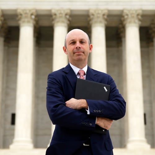 FILE - Tom Goldstein, who writes SCOTUSblog.com, poses for a photograph in front of the Supreme Court, Oct. 31, 2013, in Washington. (AP Photo/Alex Brandon, File)