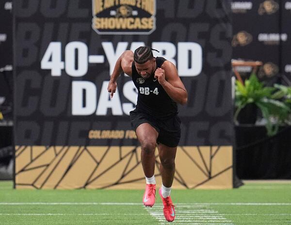 Colorado safety Shilo Sanders runs the 40-yard dash during Colorado's NFL football pro day Friday, April 4, 2025, in Boulder, Colo. (AP Photo/David Zalubowski)