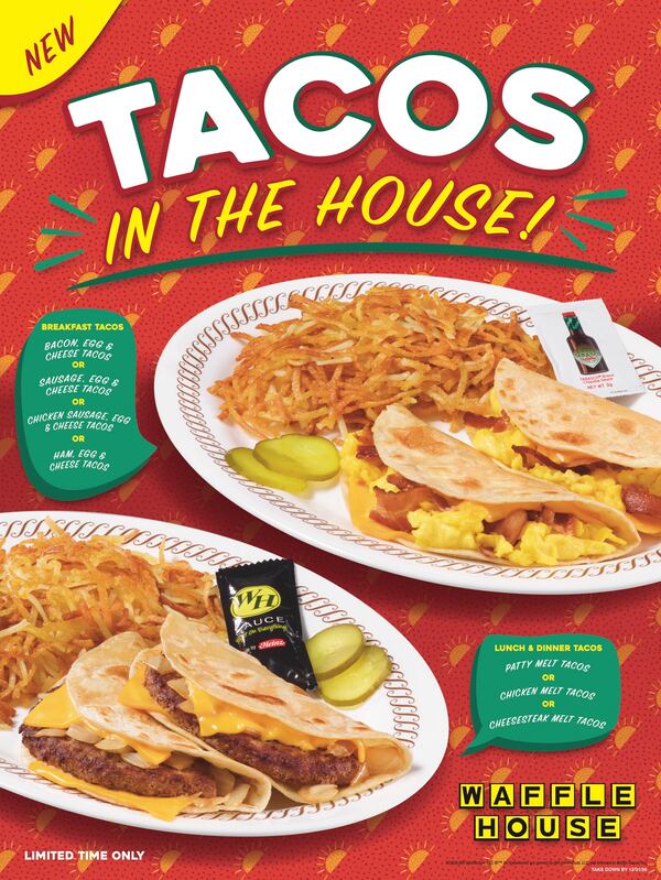 A window cling Waffle House is using to promote its new tacos. The chain is testing the menu item at about 45 Georgia restaurants. (Courtesy of Waffle House)