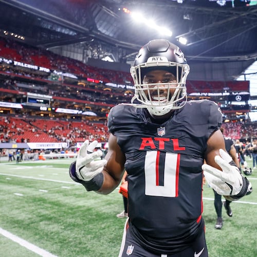 Atlanta Falcons linebacker Divine Deablo (0) reacts after the Falcons beat the Washington Commanders 34-37 at Mercedes-Benz Stadium in Atlanta on Sunday, September 28, 2025. (Miguel Martinez/AJC)