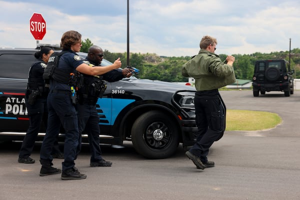 Atlanta Police Department officers simulate an arrest at the city portion of the Atlanta Public Safety Training Center, Monday, May 11, 2026, in Atlanta, Ga. (Jason Getz/AJC)