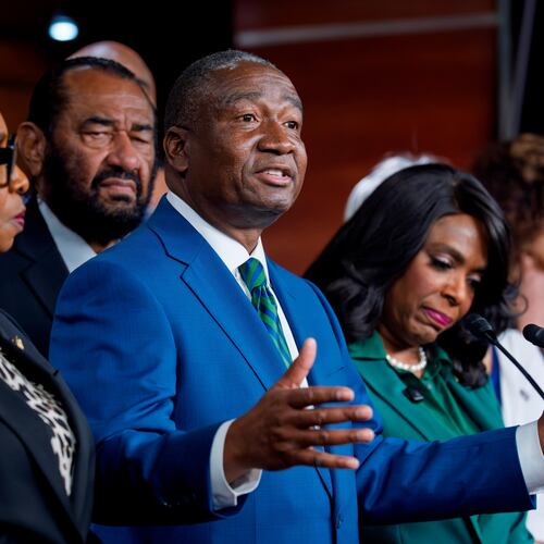 FILE - Rep. Cleo Fields, D-La., center, speaks to reporters at the Capitol in Washington on April 29, 2026. (AP Photo/J. Scott Applewhite, File)