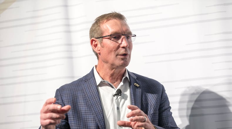 Georgia Tech athletic director Todd Stansbury speaks during a football uniform reveal party in Atlanta, Friday, August 3, 2018.  (ALYSSA POINTER/ALYSSA.POINTER@AJC.COM)