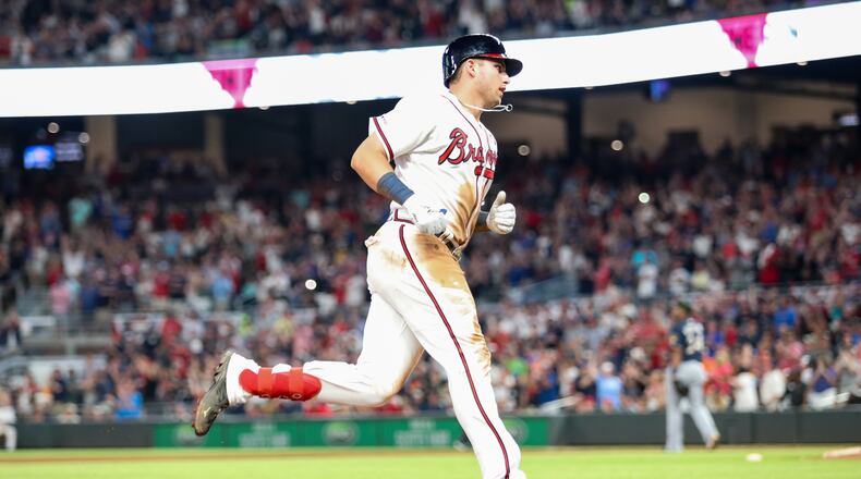 Austin Riley circles the bases after his sixth-inning home run. (Photo by Carmen Mandato/Getty Images)