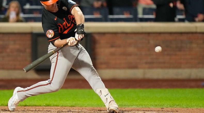 Baltimore Orioles' Pete Alonso hits a solo home run during the ninth inning of a baseball game against the New York Mets, Tuesday, Sept. 15, 2026, in New York. (AP Photo/Seth Wenig)