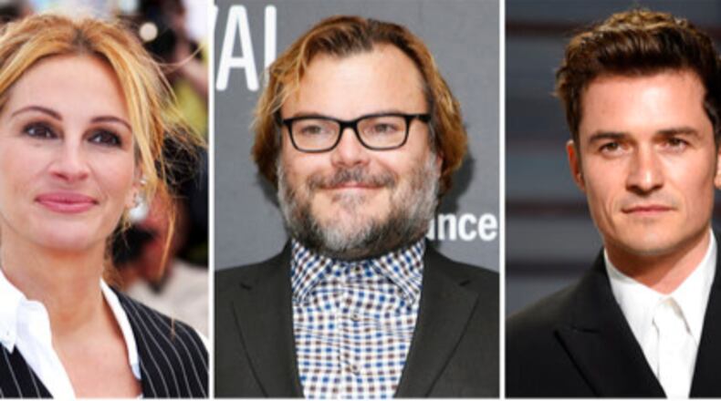 In this combination photo, Julia Roberts, left, appears at the 69th international film festival, Cannes, southern France, on May 12, 2016, Jack Black, center, appears at the premiere of "The Polka King" during the 2017 Sundance Film Festival in Park City, Utah, on Jan. 22, 2017 and Orlando Bloom appears at the Vanity Fair Oscar Party in Beverly Hills, Calif. on Feb. 26, 2017. NBC announced Thursday, May 11, that those stars will be joined by Mark Hamill, Bear Grylls, Dax Shepard and Yvette Nicole Brown during the Red Nose Day fundraising telecast on May 25. (AP Photo/Files)