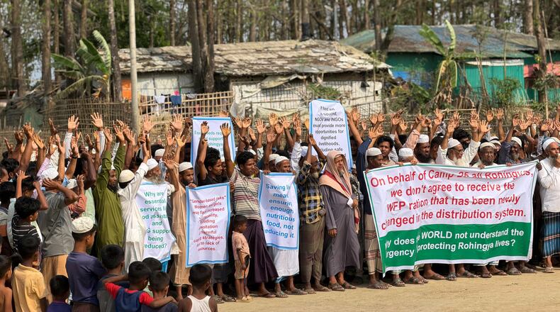 Rohingya refugees struggling to survive in Bangladesh’s overcrowded camps, protest after their food assistance was slashed, in Cox's Bazar, Bangladesh, Wednesday, April 1, 2026. (AP Photo)