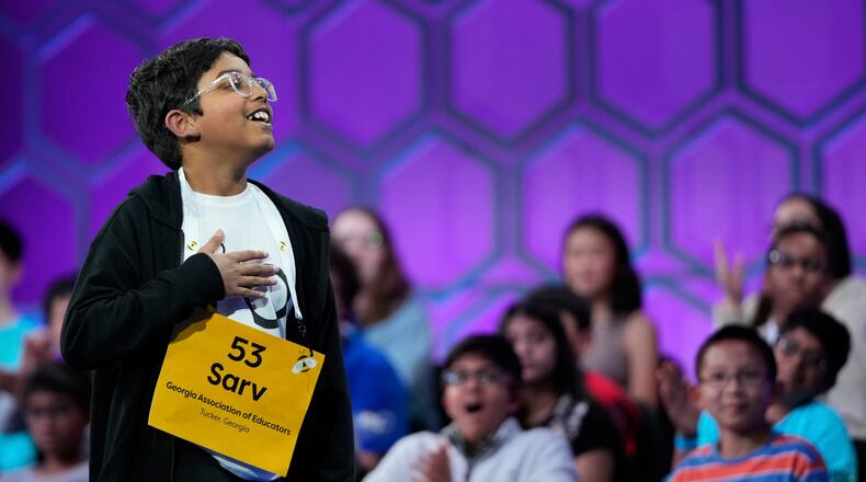 Sarv Dharavane, 11, of Tucker, reacts after spelling his word correctly in the finals of the Scripps National Spelling Bee on Thursday, May 29, 2025, in Oxon Hill, Md. (Julia Demaree Nikhinson/AP 2025)