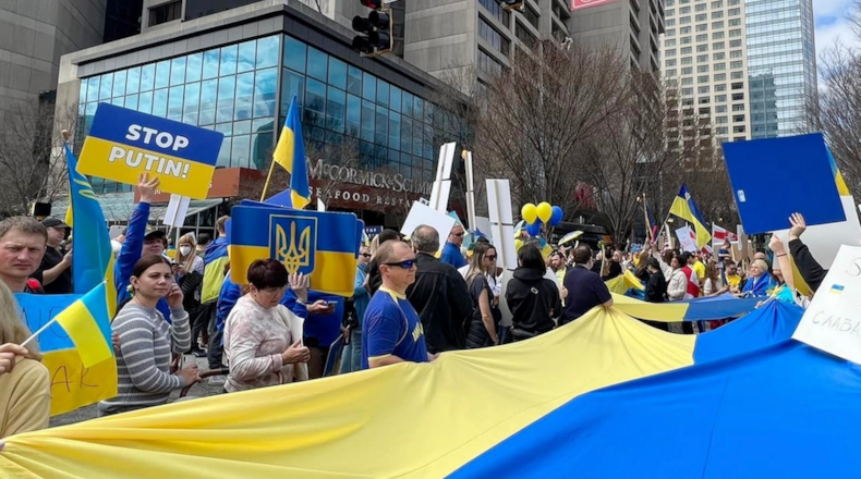 An Atlanta protest against the war in Ukraine, as captured in the film "Ukraine: Hope Amidst Chaos."