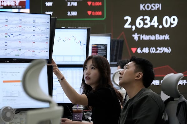 Currency traders watch monitors near a screen showing the Korea Composite Stock Price Index (KOSPI) in Seoul, South Korea, Thursday, May 15, 2025. (AP Photo/Ahn Young-joon)