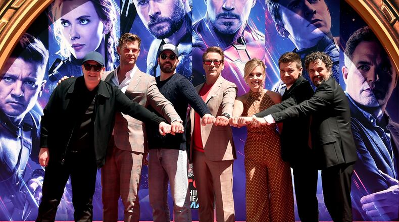 Marvel Studios' "Avengers: Endgame" stars President of Marvel Studios/Producer Kevin Feige, Chris Hemsworth, Chris Evans, Robert Downey Jr., Scarlett Johansson, Jeremy Renner and Mark Ruffalo at the Hand And Footprint Ceremony at the TCL Chinese Theatre on April 23, 2019 in Hollywood, California.