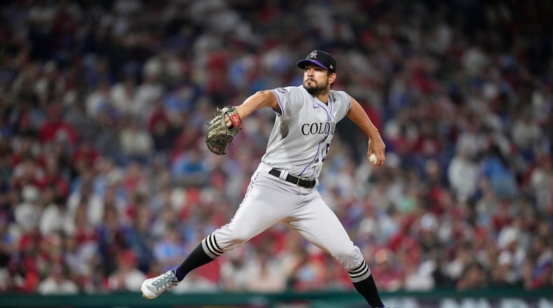 Colorado Rockies' Brad Hand plays during a baseball game, Friday, April 21, 2023, in Philadelphia. (AP Photo/Matt Slocum)