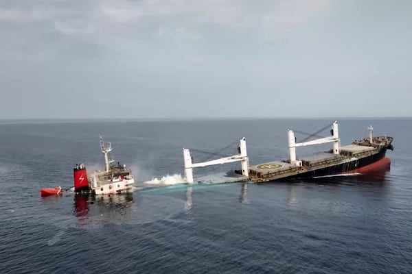 This image released by Ansar Allah Media Office in Yemen shows the Liberian-flagged bulk carrier Eternity C is seen as it sinks in the Red Sea, Wednesday, July 9, 2025.( Ansar Allah Media Office via AP)
