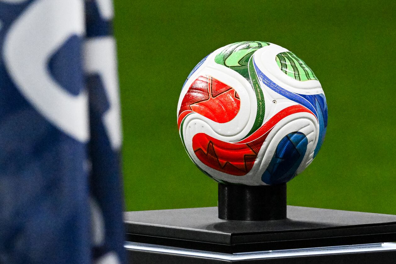 A World Cup soccer ball is seen during the first half of a FIFA World Cup match at Atlanta Stadium (Mercedes-Benz Stadium) on Saturday, June 27, 2026, in Atlanta. (Hyosub Shin/AJC)