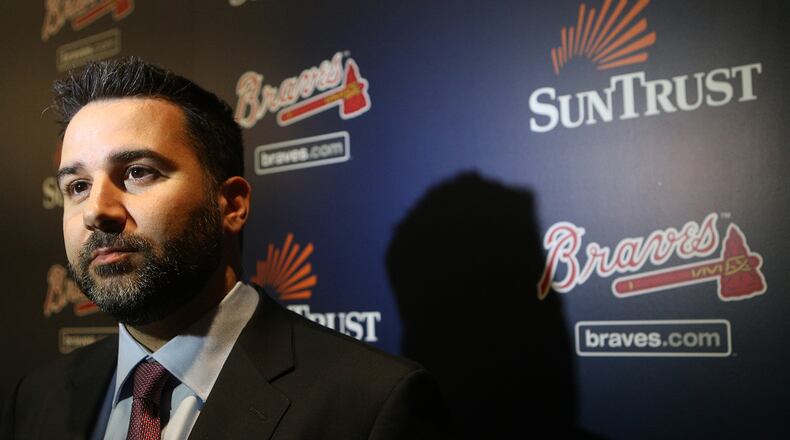 Atlanta Braves new GM Alex Anthopoulos takes questions from the media during a press conference introducing him on Monday, Nov. 13, 2017, at SunTrust Park in Atlanta.