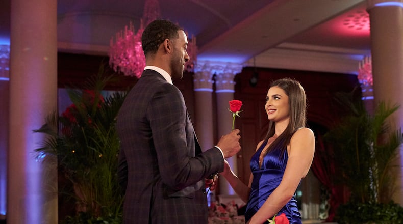 Matt James gives Rachael Kirkconnell a rose for the final three on "The Bachelor" Feb. 23, 2021. (ABC/Craig Sjodin)