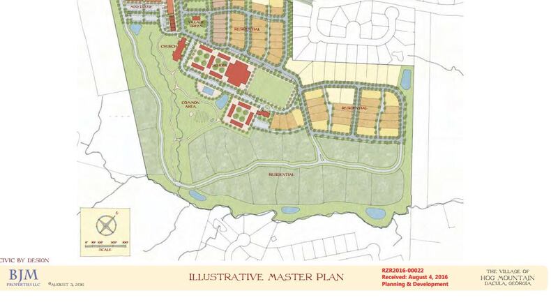 A development proposed near the Dacula intersection of Jim Moore Road and Hamilton Mill Parkway would bring houses, townhomes, retail, a church and a private school.