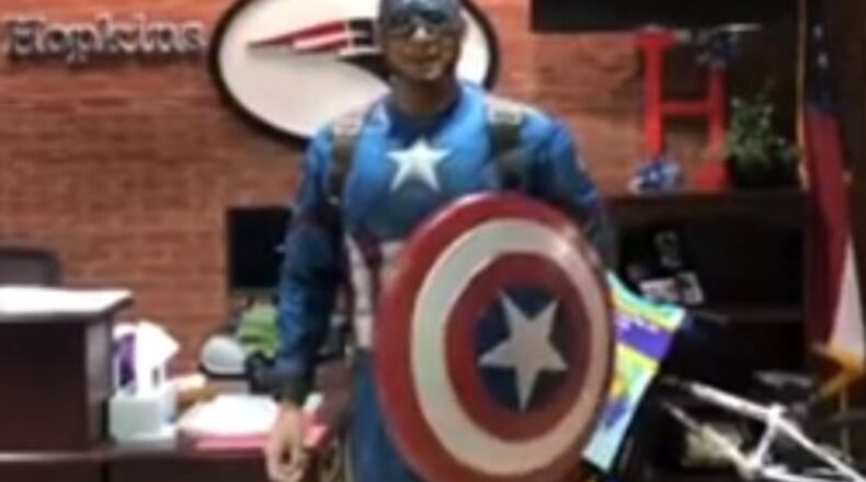 Hopkins Elementary Principal Gabriel Zaragoza dressed as a super hero during one of the Digital Learning Days and delivered a positive message to families. COURTESY OF GWINNETT COUNTY PUBLIC SCHOOLS